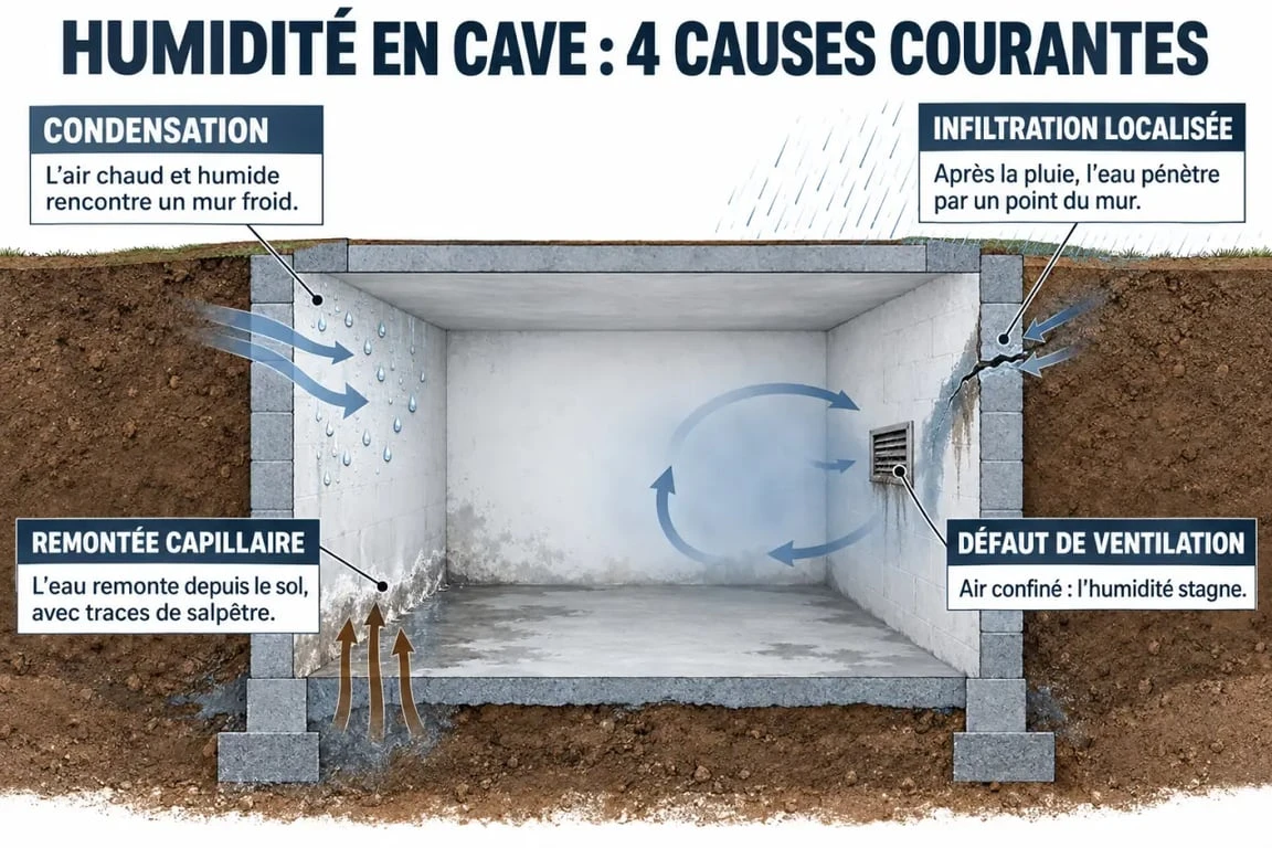 Schéma des causes d’un taux humidité cave élevé : condensation infiltration et remontées capillaires