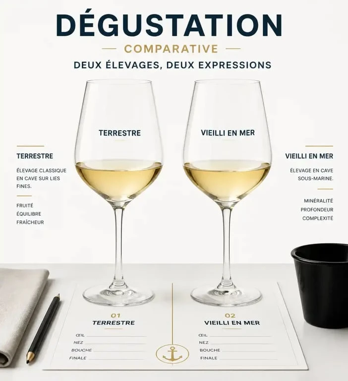 Dégustation comparative de vin vieilli en mer et vin terrestre