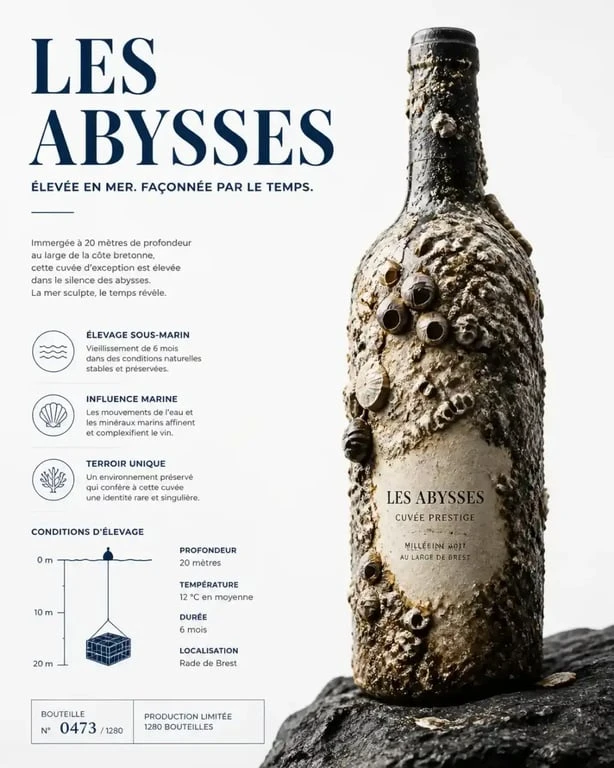 Bouteille de vin vieilli en mer avec concrétions marines pour coffret cadeau