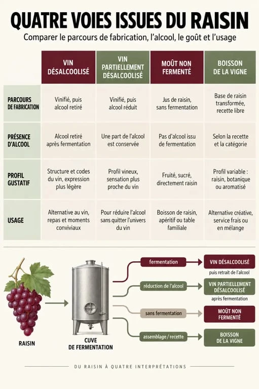 Infographie comparative des catégories de vin sans alcool bio et boissons à base de raisin