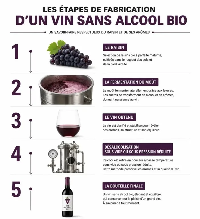 Schéma de fabrication du vin sans alcool bio, de la fermentation à la désalcoolisation