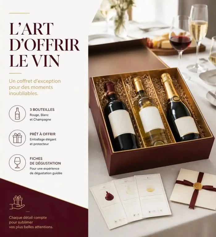 Coffret cadeau et vin prêt à offrir avec bouteilles et fiches de dégustation