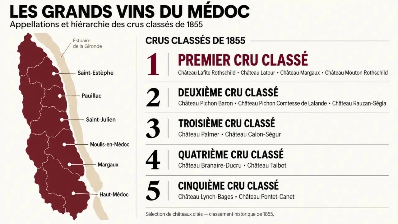 Les meilleurs vins du Médoc : appellations et niveaux du classement des crus classés de 1855