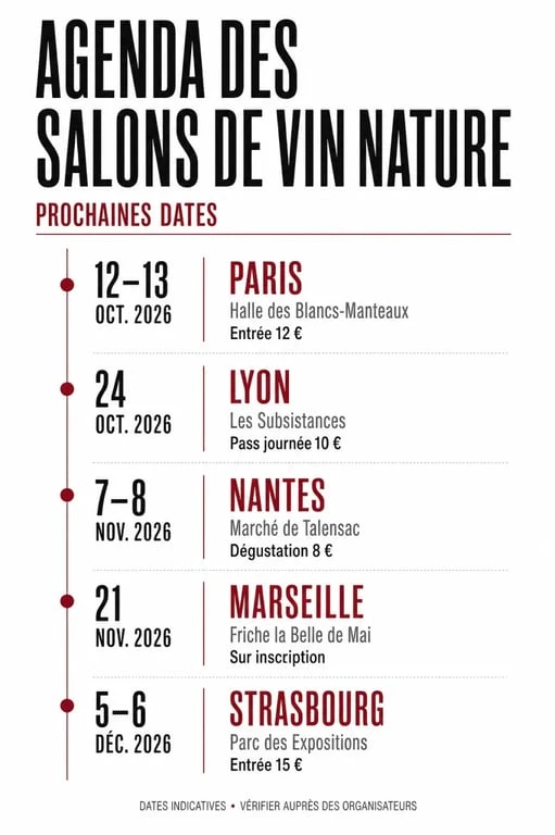 Agenda visuel des salons vin nature avec dates, villes et tarifs