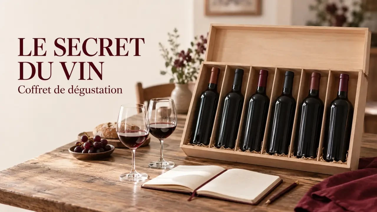Coffret Le Secret du Vin avec six bouteilles et accessoires de dégustation