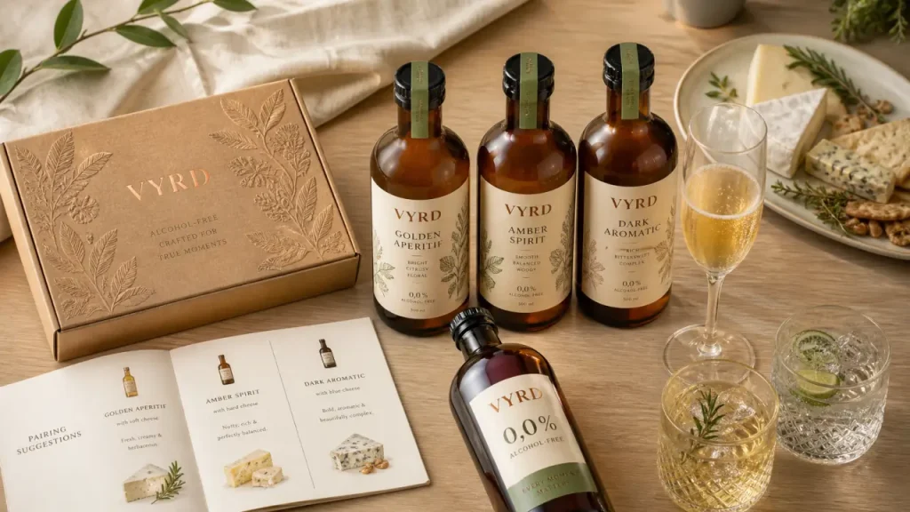 Idée cadeau coffret vin sans alcool : rituel sans alcool, bouteilles 0,0 % et verres