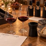 Kit dégustation vin sur table de cuisine, verres et fiches de dégustation
