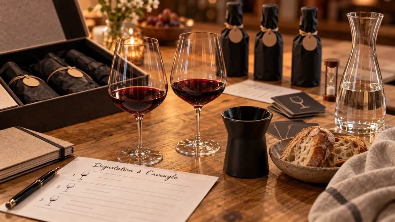 Kit dégustation vin sur table de cuisine, verres et fiches de dégustation