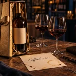 La bouteille doree en coffret vin doré sur table en chêne