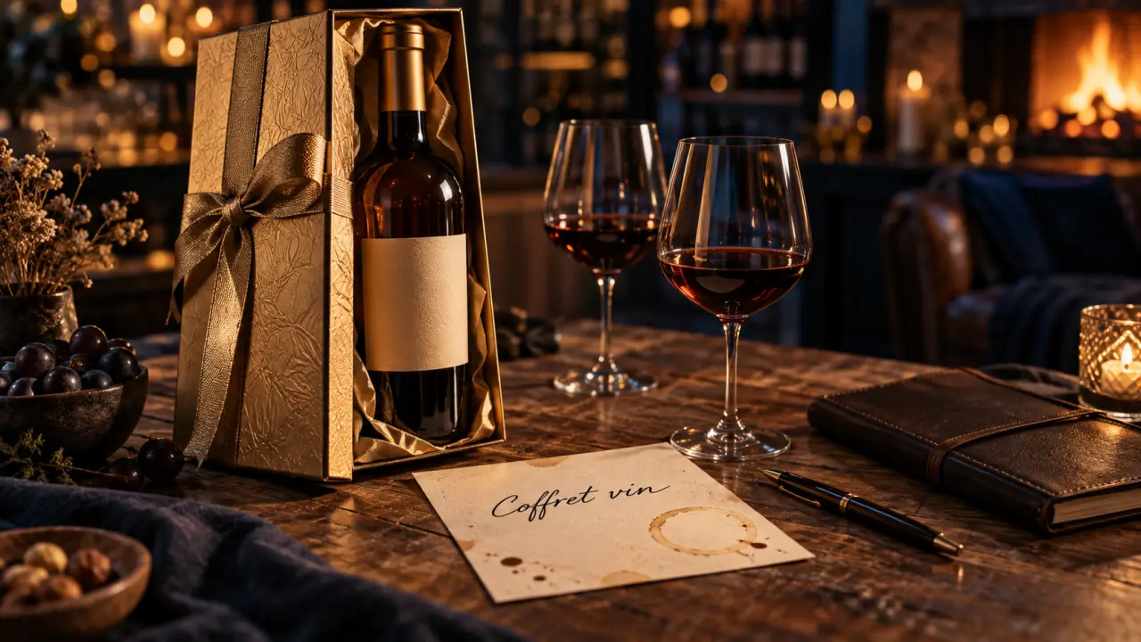 La bouteille doree en coffret vin doré sur table en chêne