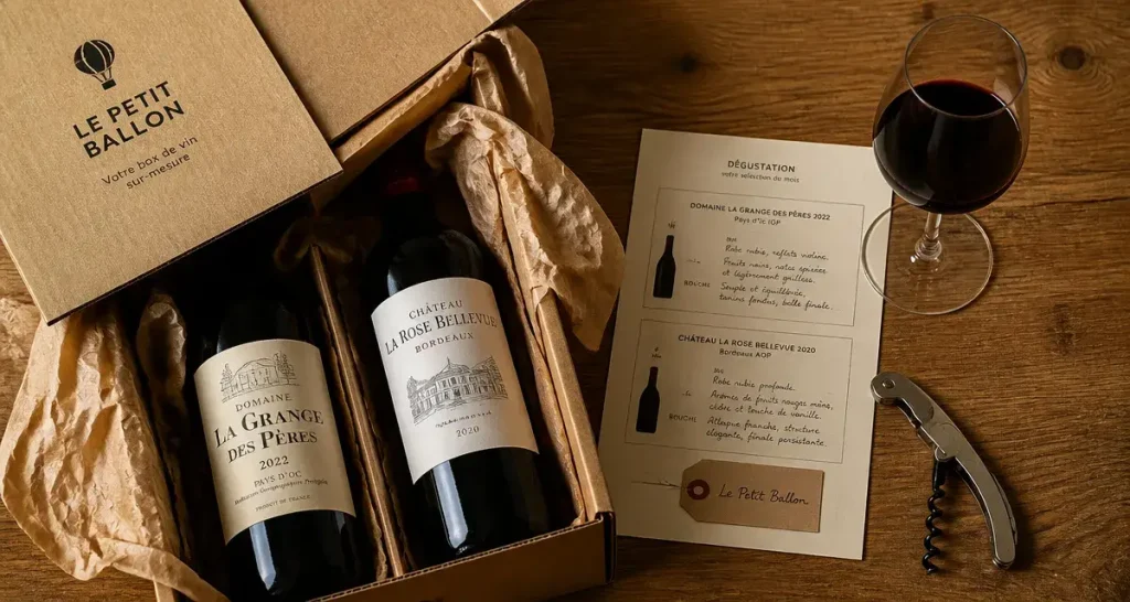 Photo flat-lay de la box vin Le Petit Ballon, fiche de dégustation et tire-bouchon
