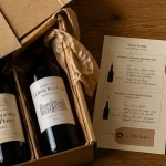 Photo flat-lay de la box vin Le Petit Ballon, fiche de dégustation et tire-bouchon