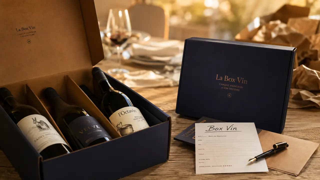 lepetitbalon : box vin ouverte sur table, fiches et verres