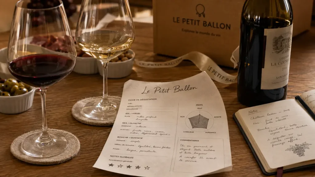 Leptitballon : verres à vin et fiche de dégustation