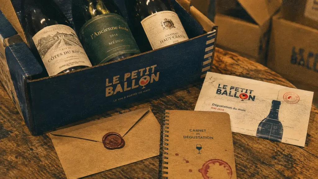 Leptitballon : boîte de vins Le Petit Ballon sur table bois