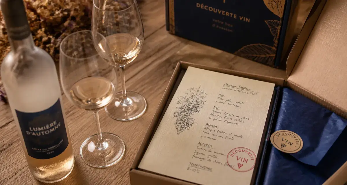 Les petits ballon : box vin sur table en bois avec verres et notes de dégustation