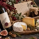 Panier cadeau vin fromage : coffret ouvert, bouteille et fromages sur ardoise