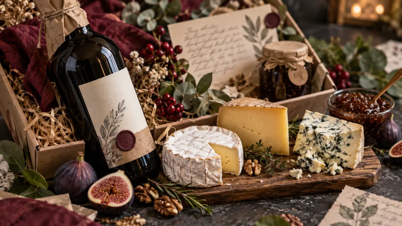 Panier cadeau vin fromage : coffret ouvert, bouteille et fromages sur ardoise