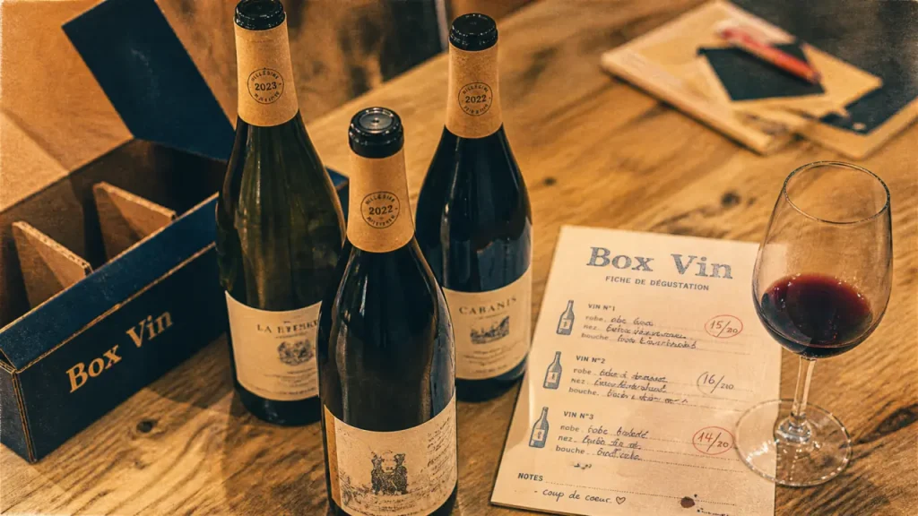 petitballon : box vin sur table, fiche de dégustation et verres