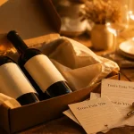 Trois fois vin : box ouverte, bouteilles et fiches de dégustation