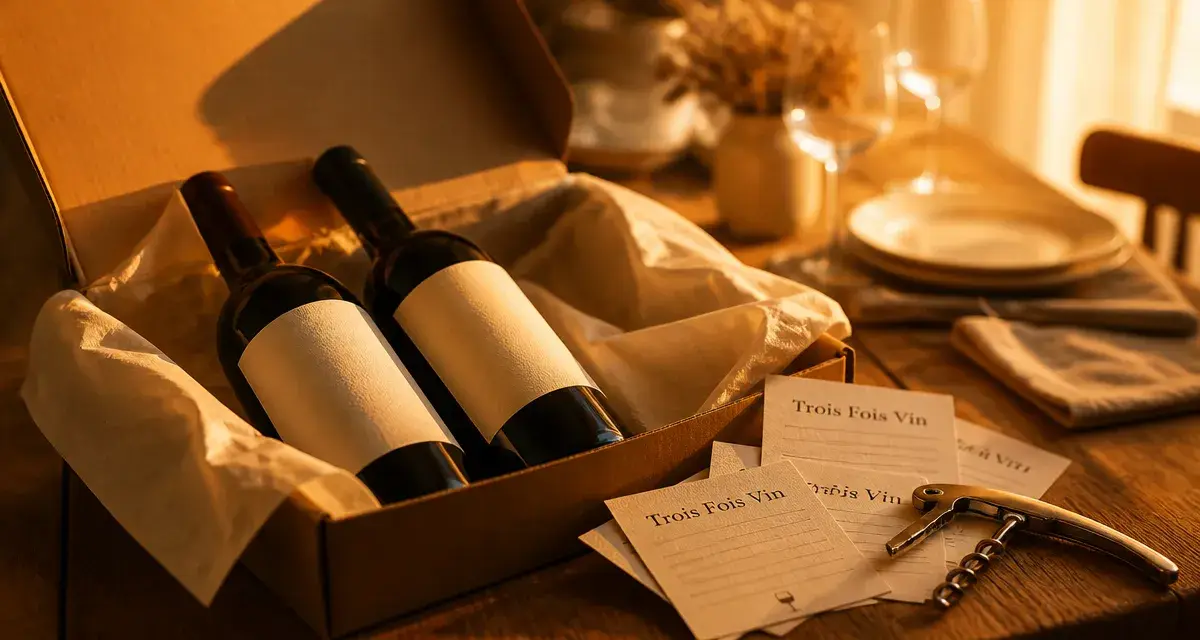 Trois fois vin : box ouverte, bouteilles et fiches de dégustation