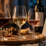 Verre degustation vin, formes tulipe sur plateau bois