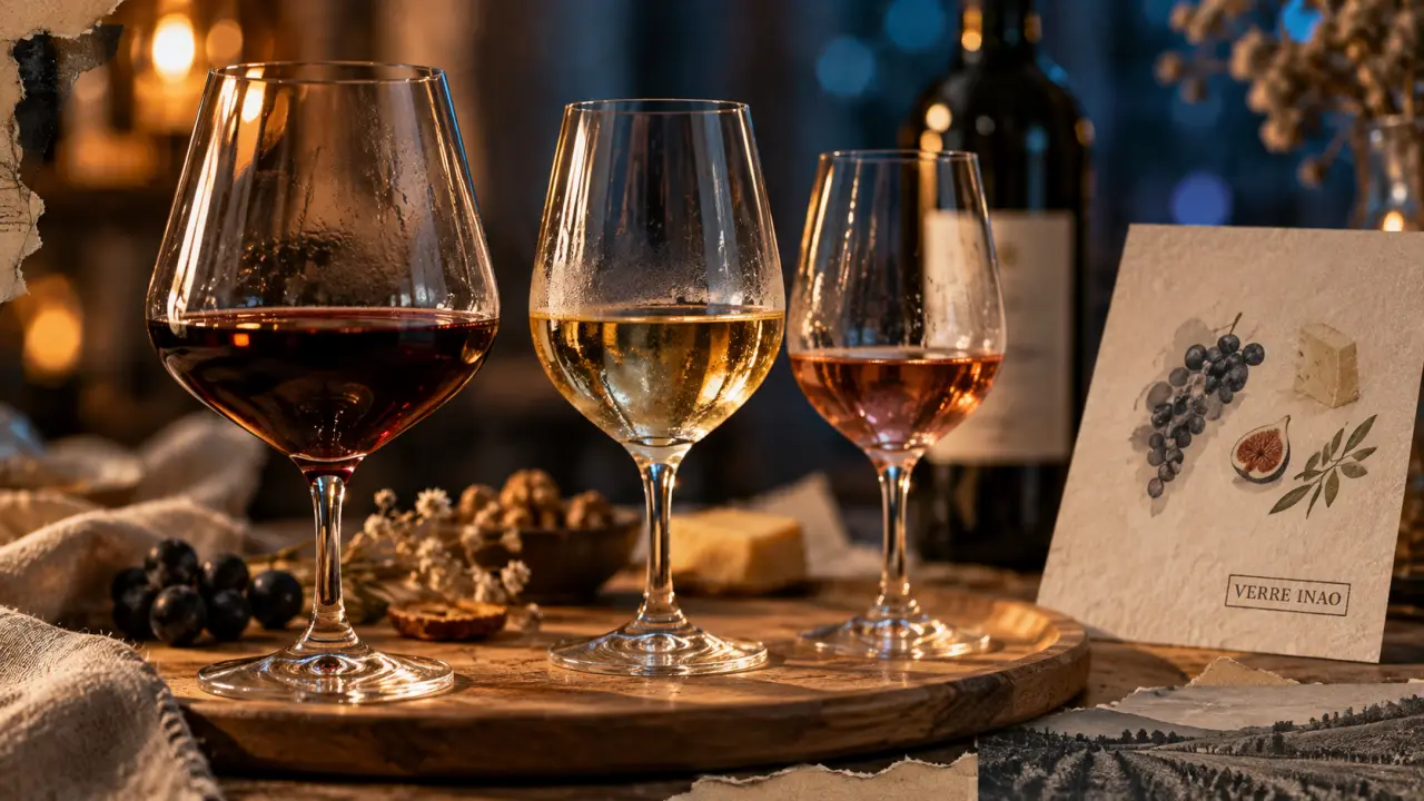 Verre degustation vin, formes tulipe sur plateau bois