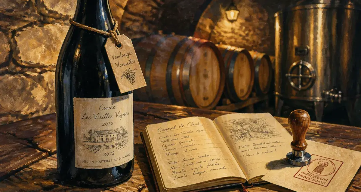 Vigneron indépendant de france : vin et label sur table en cave