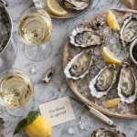 Vin blanc apero avec huîtres, citron, crackers sur plateau