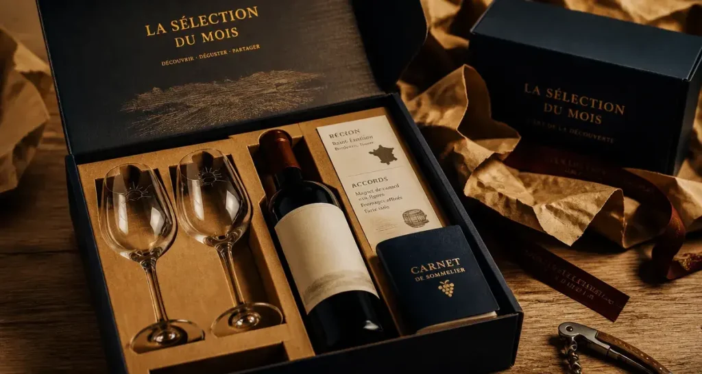 Vin cadeaux : coffret avec bouteille, verres et carte de dégustation