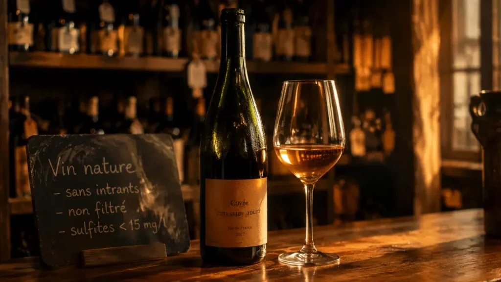 Vin nature Lyon en cave : bouteilles et verre à la golden hour