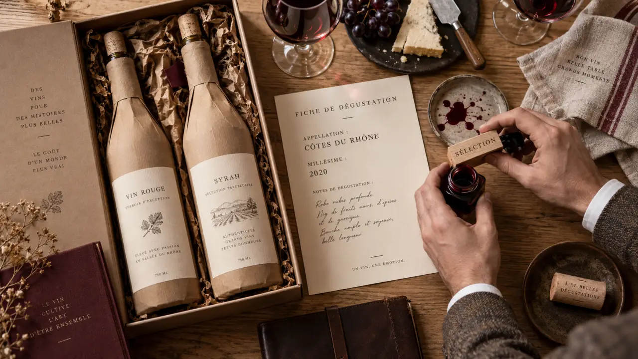 Wine box prestige : coffret chic et fiche de dégustation sur table