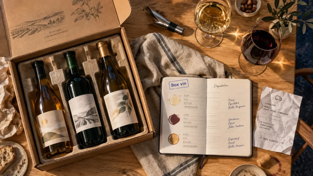 Abonnement bouteilles de vin : bouteilles sans cartons sur table en bois