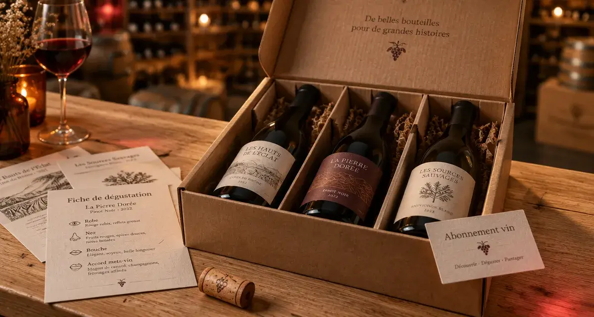 Abonnement vin : coffret avec bouteilles et fiches de dégustation