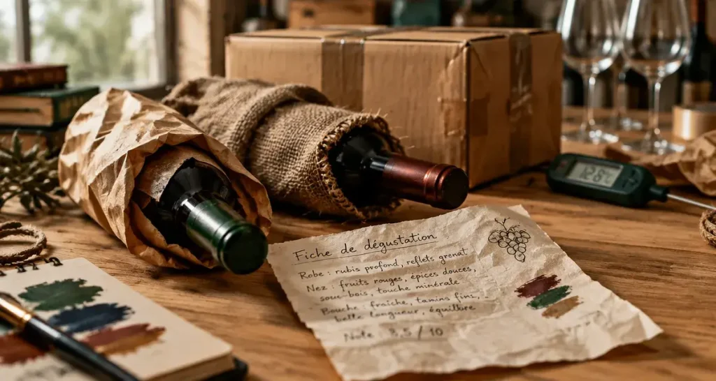 Abonnement vin nature : bouteilles et fiche de dégustation