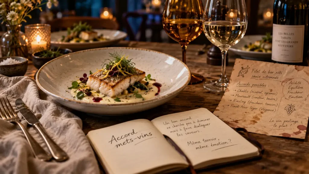 Accord mets vins poisson sauce citron, verres vin et fiche d’accord