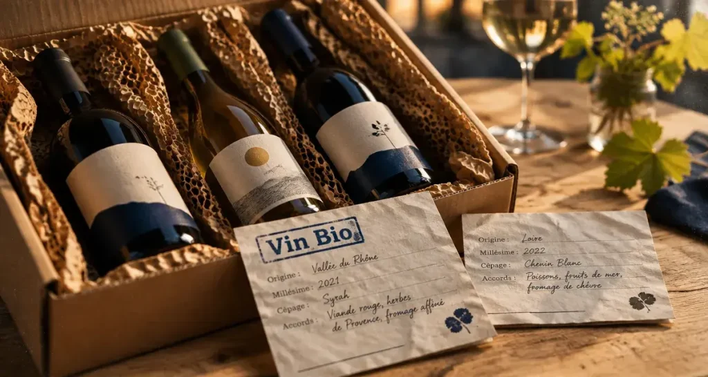 box vin bio ouverte, fiches de dégustation et bouteilles