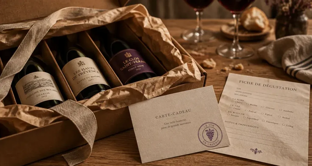 Box vin cadeau ouverte, bouteilles et carte de dégustation