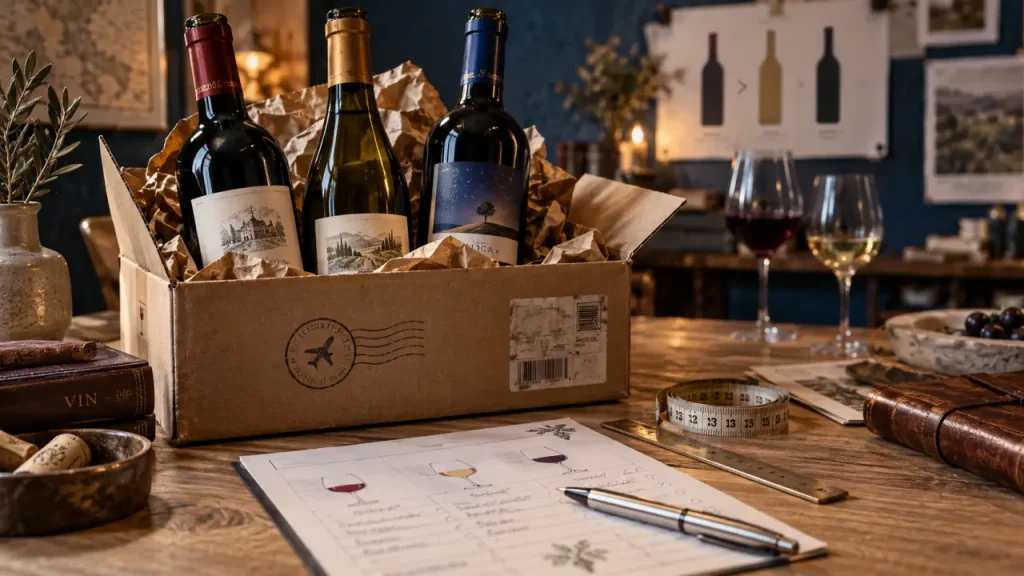 Box vin comparatif : bouteilles et fiche de dégustation avant abonnement
