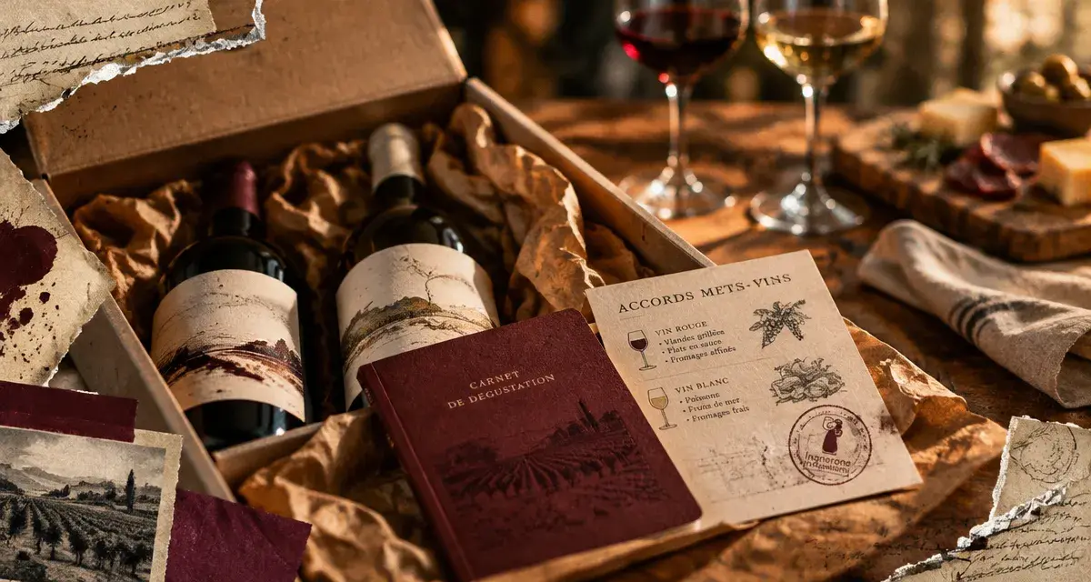 Box vin vignerons indépendants : bouteilles et carnet de dégustation sur table kraft