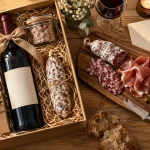 Coffret cadeau vin charcuterie : bouteille et charcuteries sur planche