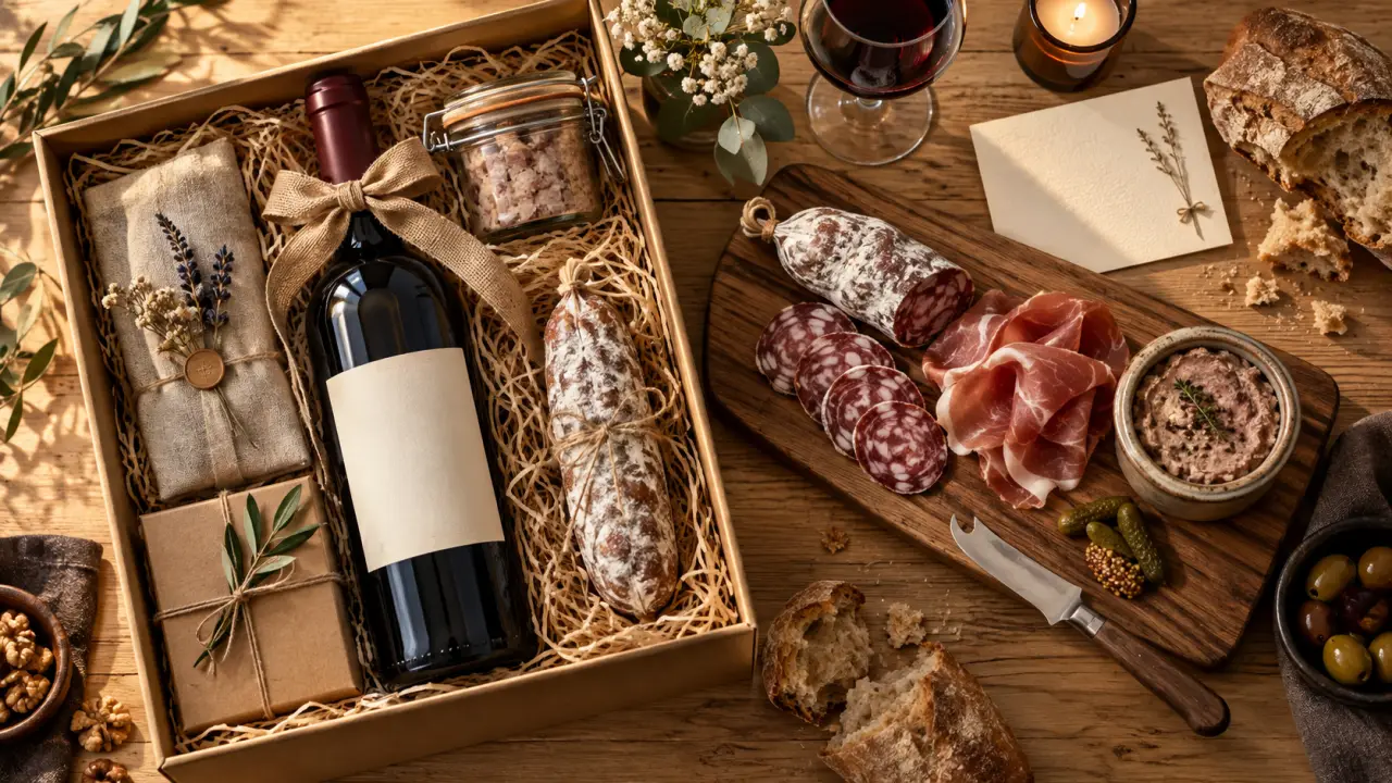Coffret cadeau vin charcuterie : bouteille et charcuteries sur planche