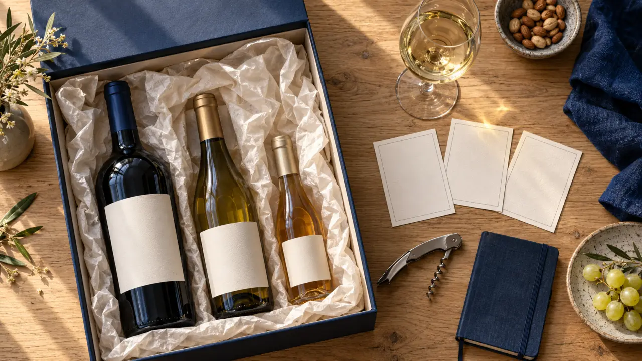 Coffret cadeau vin du monde : trois bouteilles à offrir, vue de dessus
