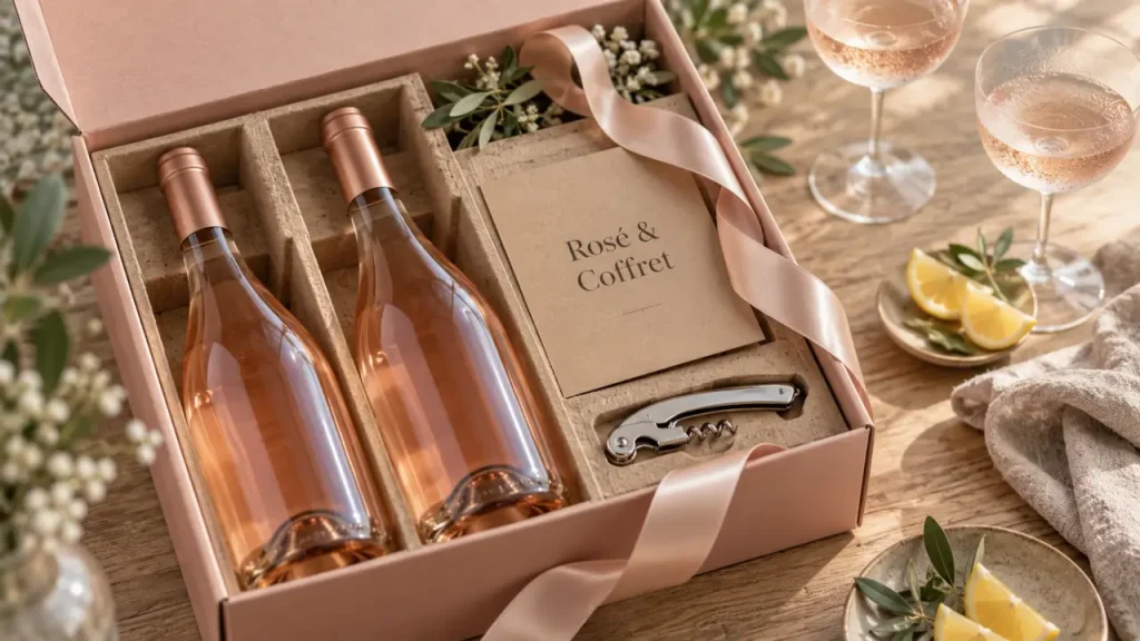 Coffret cadeau vin rosé ouvert, bouteilles et tire-bouchon