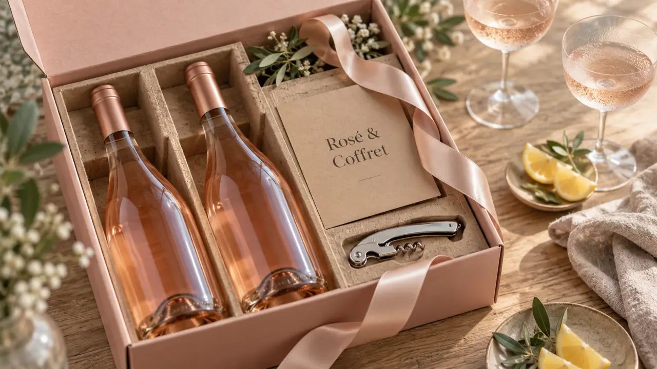 Coffret cadeau vin rosé ouvert, bouteilles et tire-bouchon