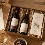 Coffret cadeau vin tous les mois : coffret ouvert, bouteilles et carte de dégustation