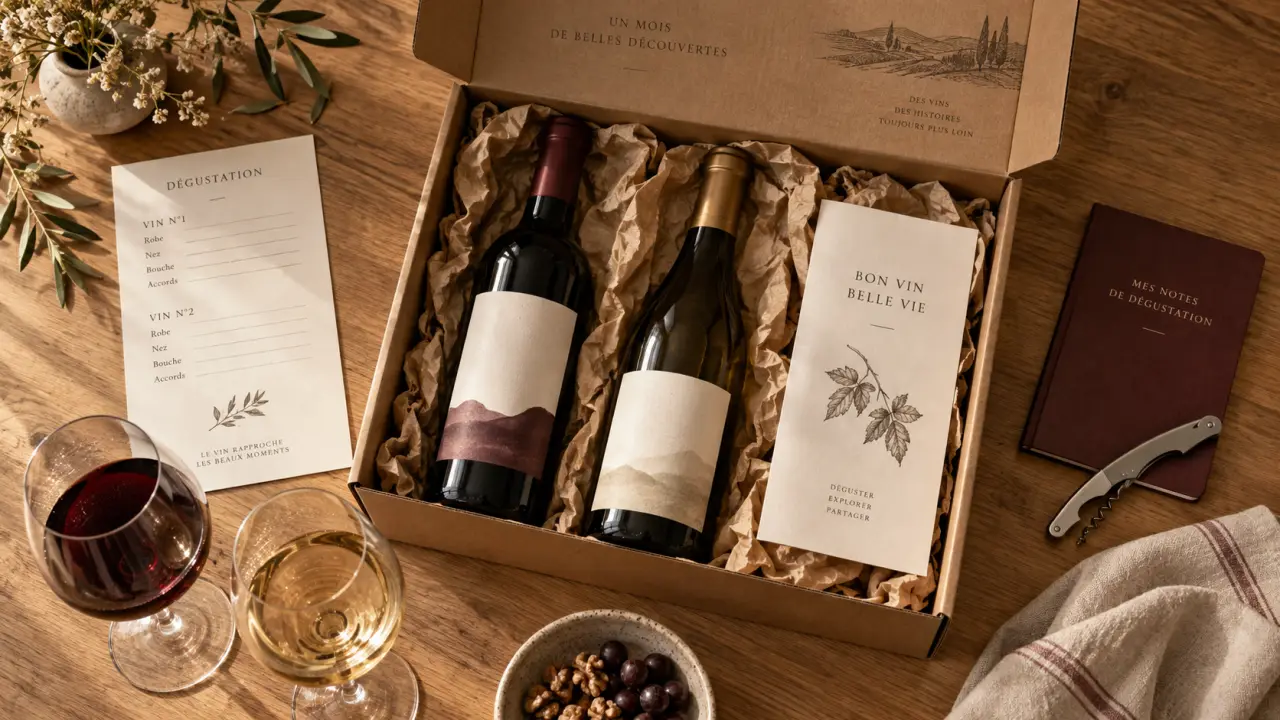Coffret cadeau vin tous les mois : coffret ouvert, bouteilles et carte de dégustation
