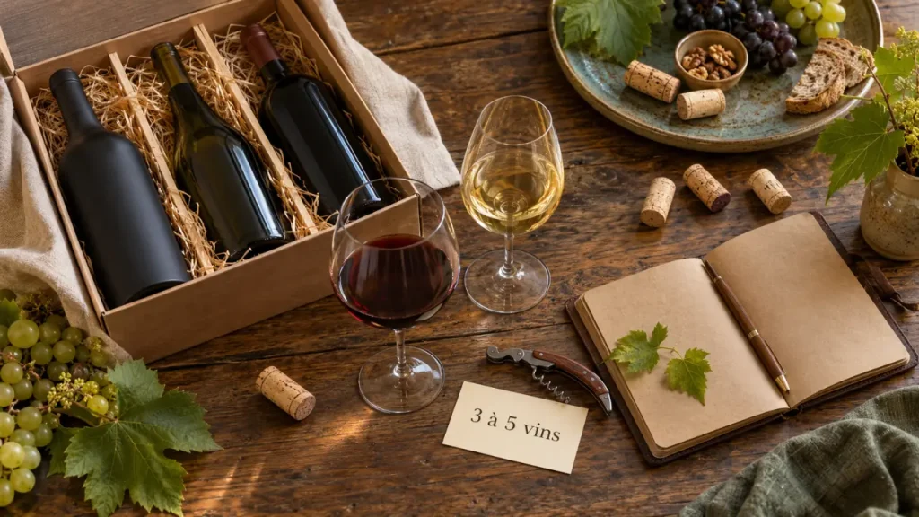 Coffret cadeau week end degustation vin : verres, carnet et vin près des vignes
