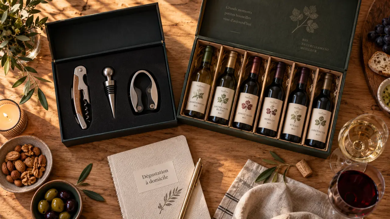 Coffret de vin à offrir leclerc : accessoires et dégustation bio, vue de dessus