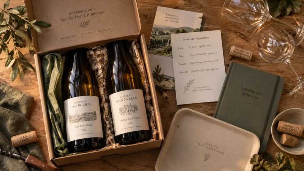 Coffret decouverte vin ouvert, bouteilles et fiches de dégustation